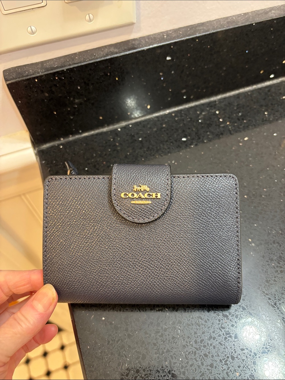 NWT Coach Black Leather Compact Wallet with Gold Logo